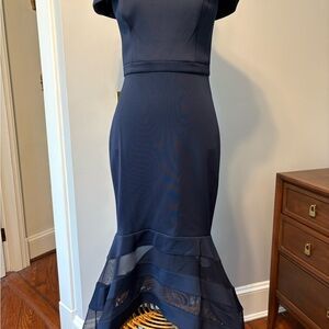 Xscape Blue Off the Shoulder Sheath Dress